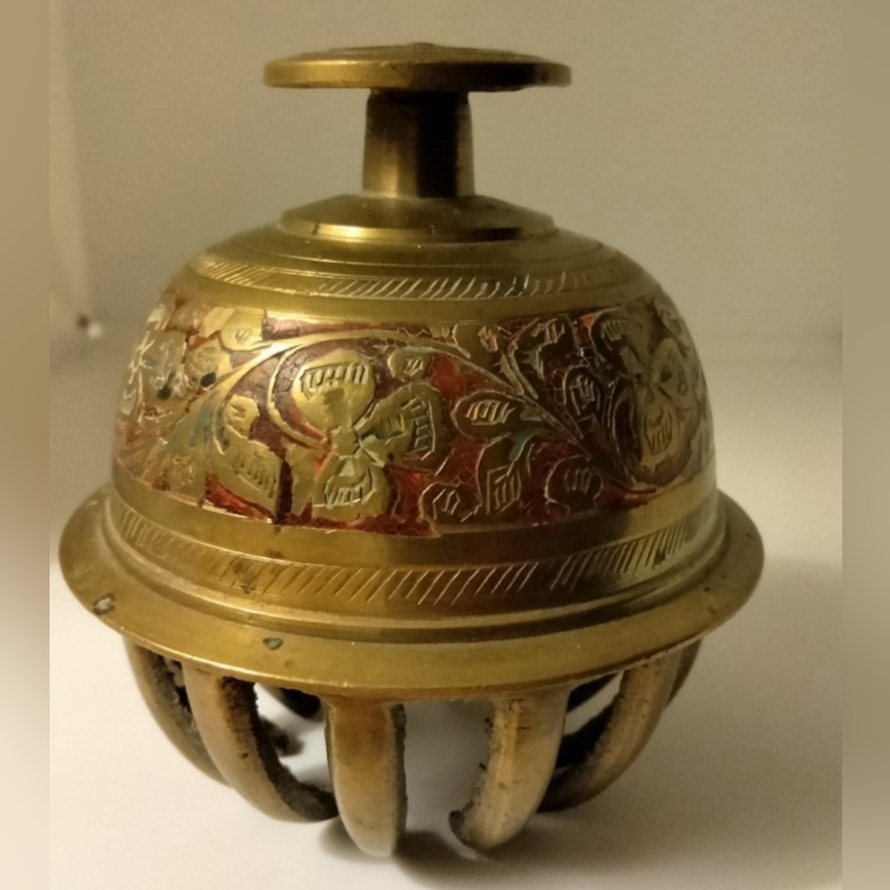 Vintage Brass Elephant Claw Bell - 3 Leaf Clover Design, Buddha Zen Altar Decor